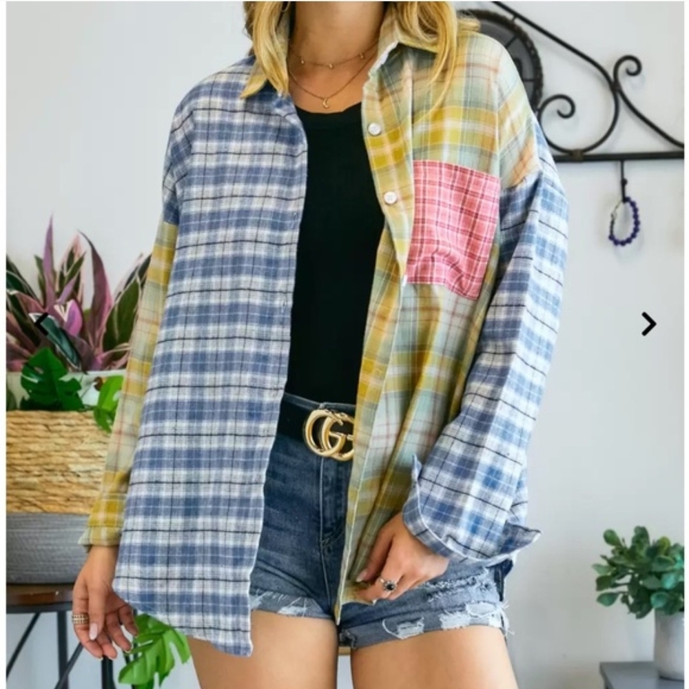 Adora Blue & Sage Plaid Flannel Button Down Pocket Shirt; Size L